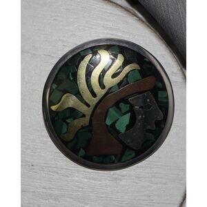 Mexico 925 Aztec Warrior Inlaid Malachite Brooch/pendant 24.4G / 0.7in